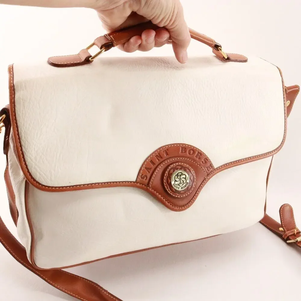 Vtg Saint Borse Handbag Women Medium Ivory Brown Pebble Leather Shoulder Bag